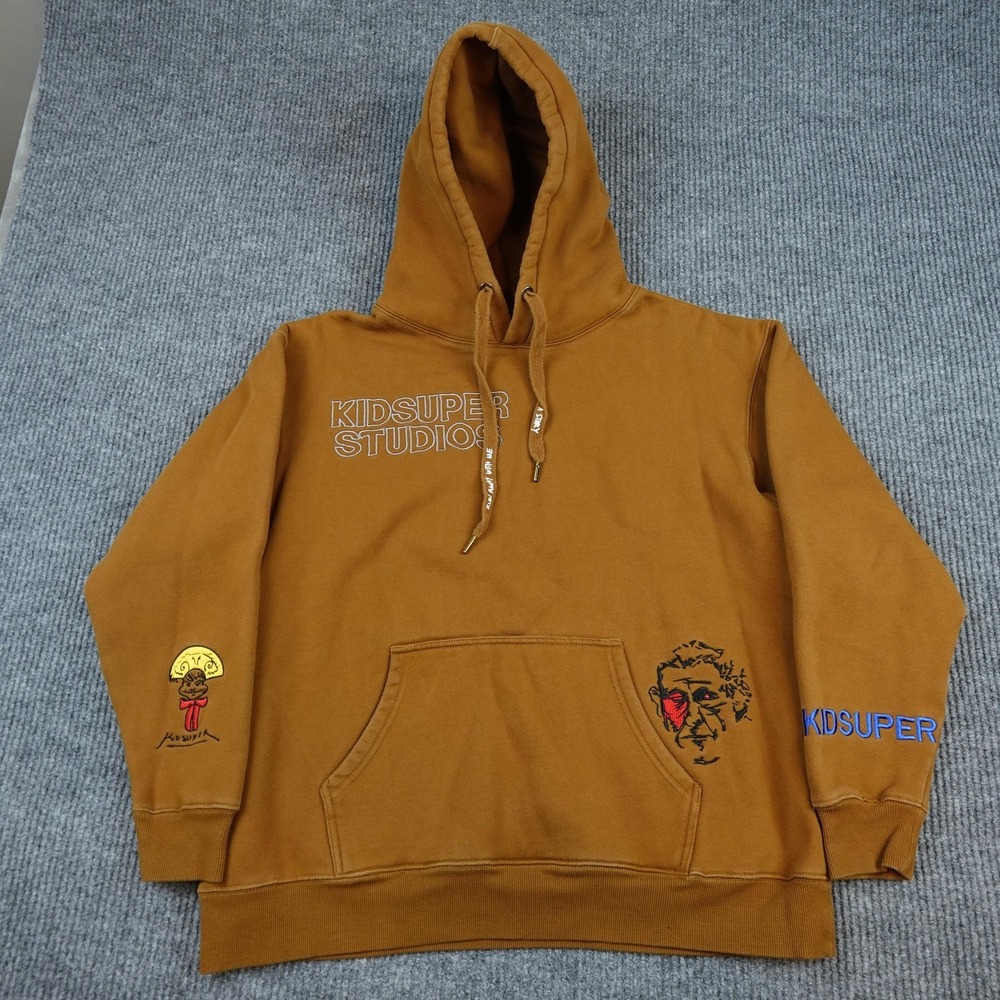 Kidsuper Studios Hoodie Mens Large Brown Fleece Pullover Sweatshirt Graphic Art